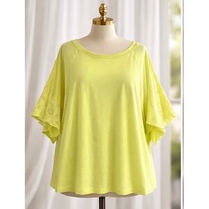 Chico's Eyelet Flutter Sleeve Top Women Size 3 XL Yellow‎ Eyelet Sleeves Cotton